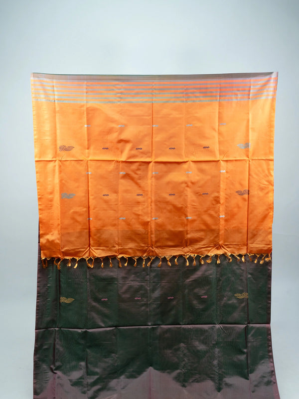 Grey and orange banana silk saree with dual-tone body, zari buttas and a striped contrast orange pallu