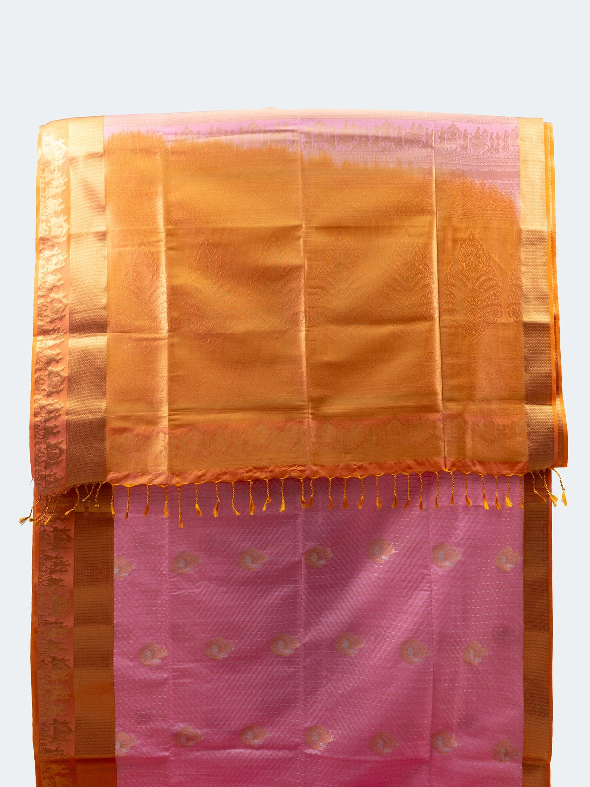 Pink soft silk saree with gold zari buti body and contrast orange zari border and pallu