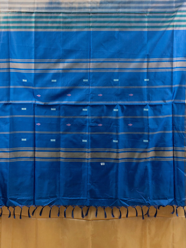 Cream Banana Silk saree with contrast blue pallu and gold zari border