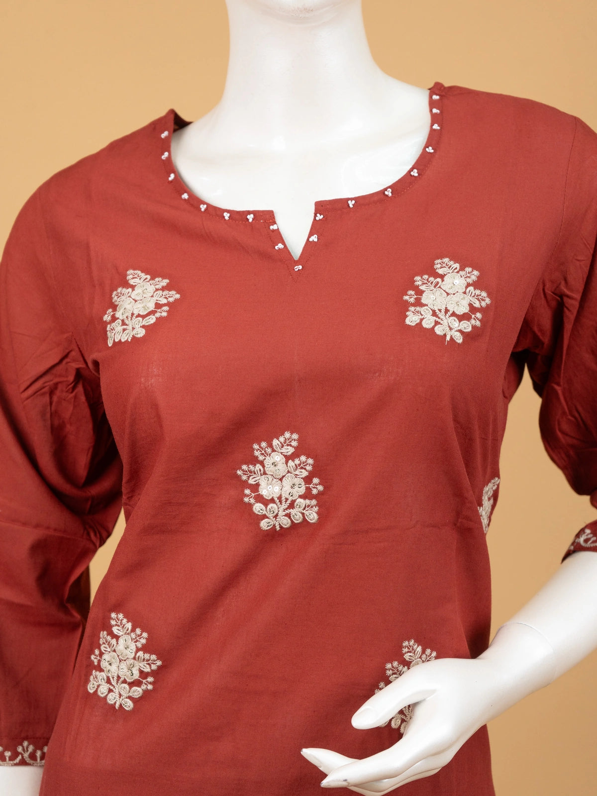 Rust Red Cotton Floral Embroidered Straight Cut Kurti Set with Dupatta