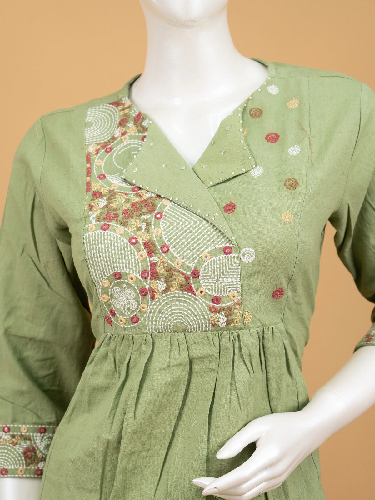 Sage green cotton straight cut kurti set with Kantha peacock embroidery and pink floral dupatta