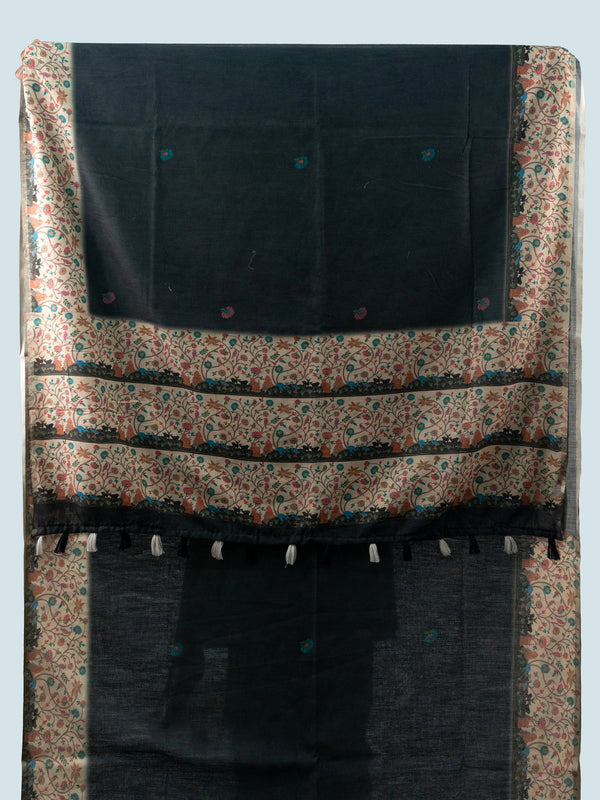 Black linen cotton saree with contrast cream multicolour floral border and pallu