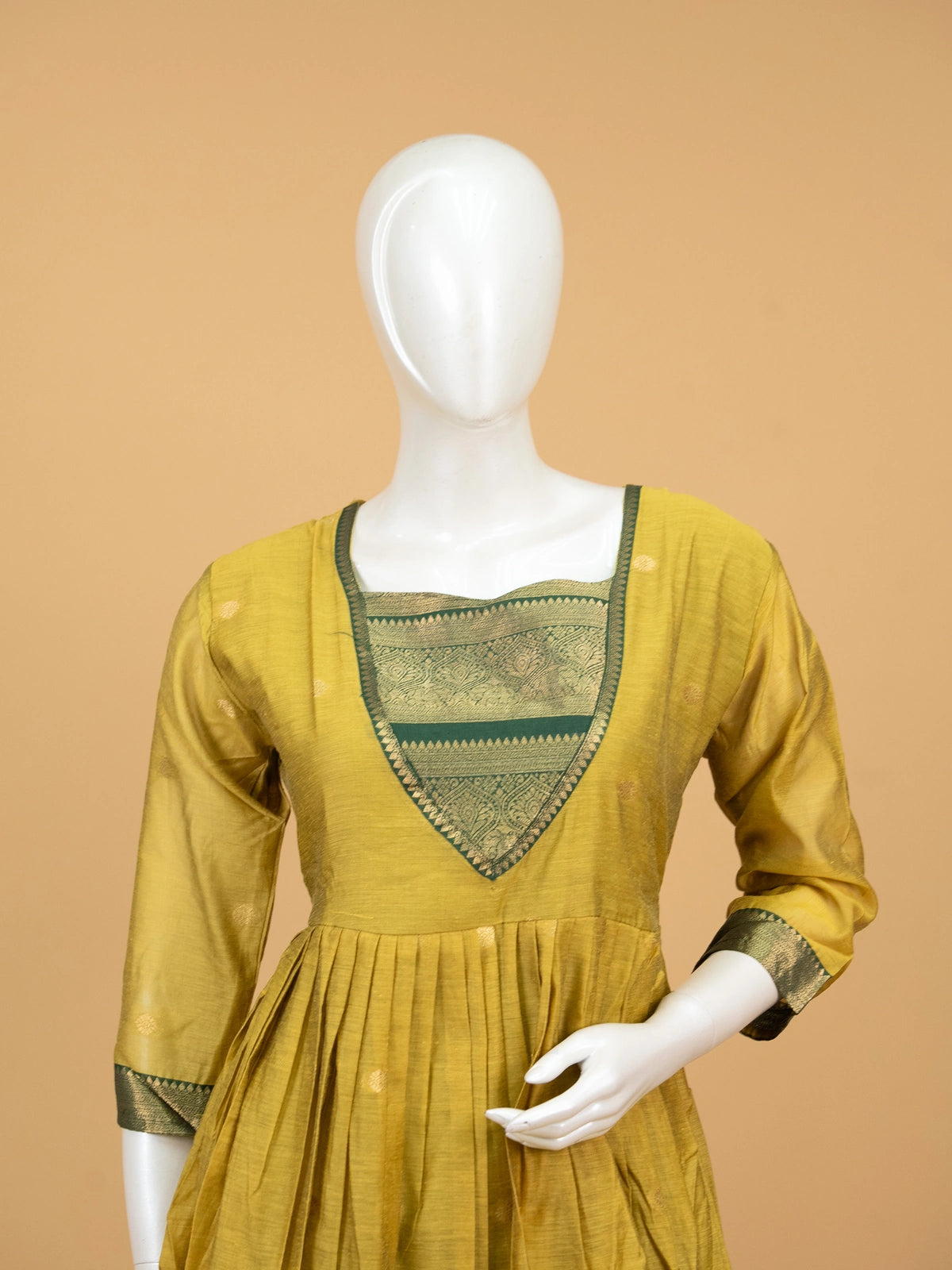 Mustard and green zari woven cotton silk Anarkali kurti set with contrast V-yoke and green dupatta