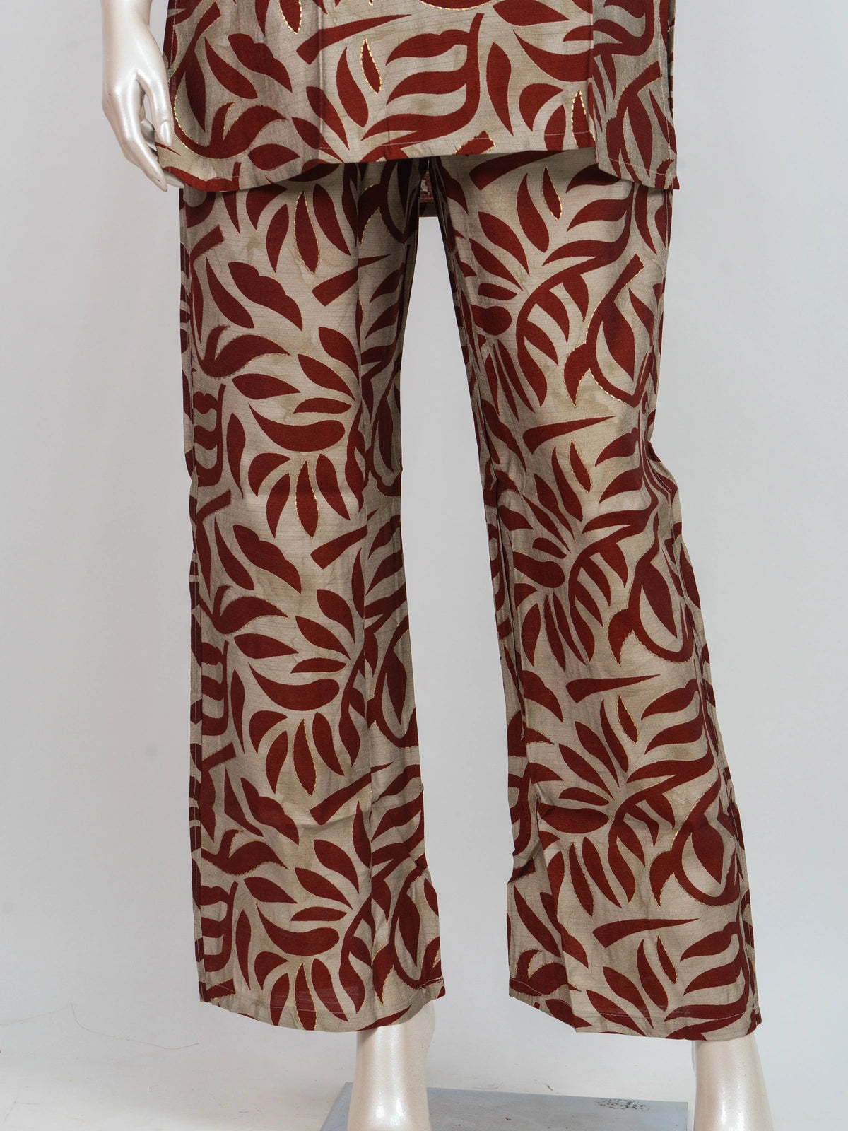 Rust and beige leaf print cotton co-ord set with short kurti and wide-leg pants