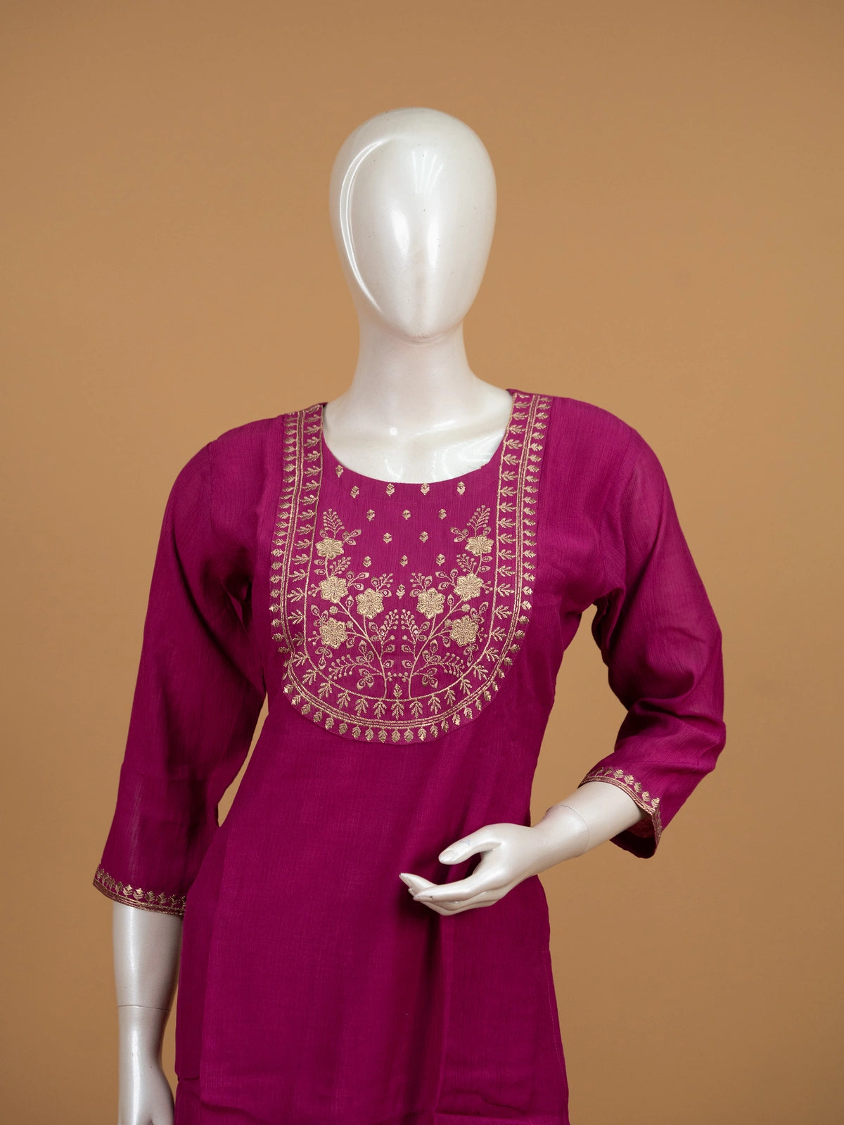 Rani Pink zari embroidered art silk straight cut kurti set with printed dupatta and pants