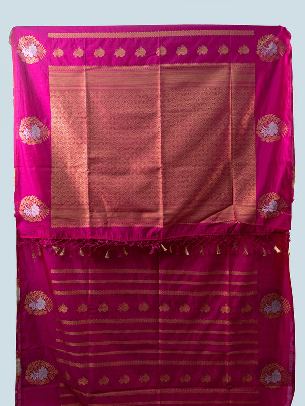 Magenta pink semi raw silk saree with gold zari floral motifs and brocade pallu