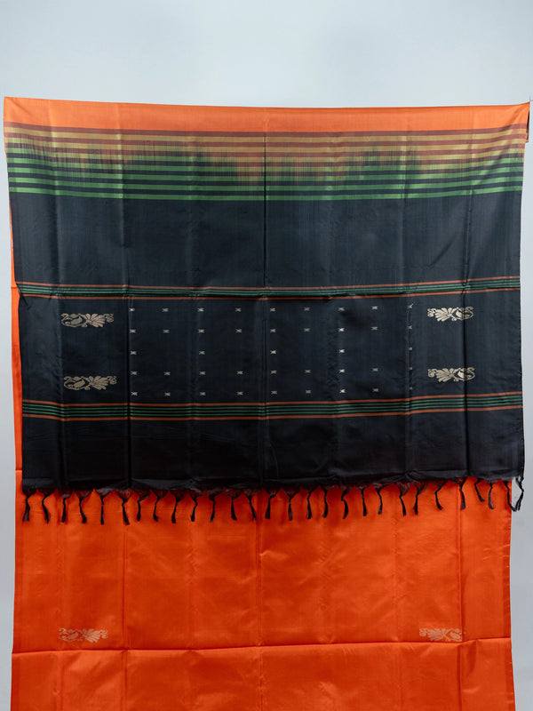 Orange Banana Silk saree with contrast black striped pallu, gold zari buttas and embroidered black blouse