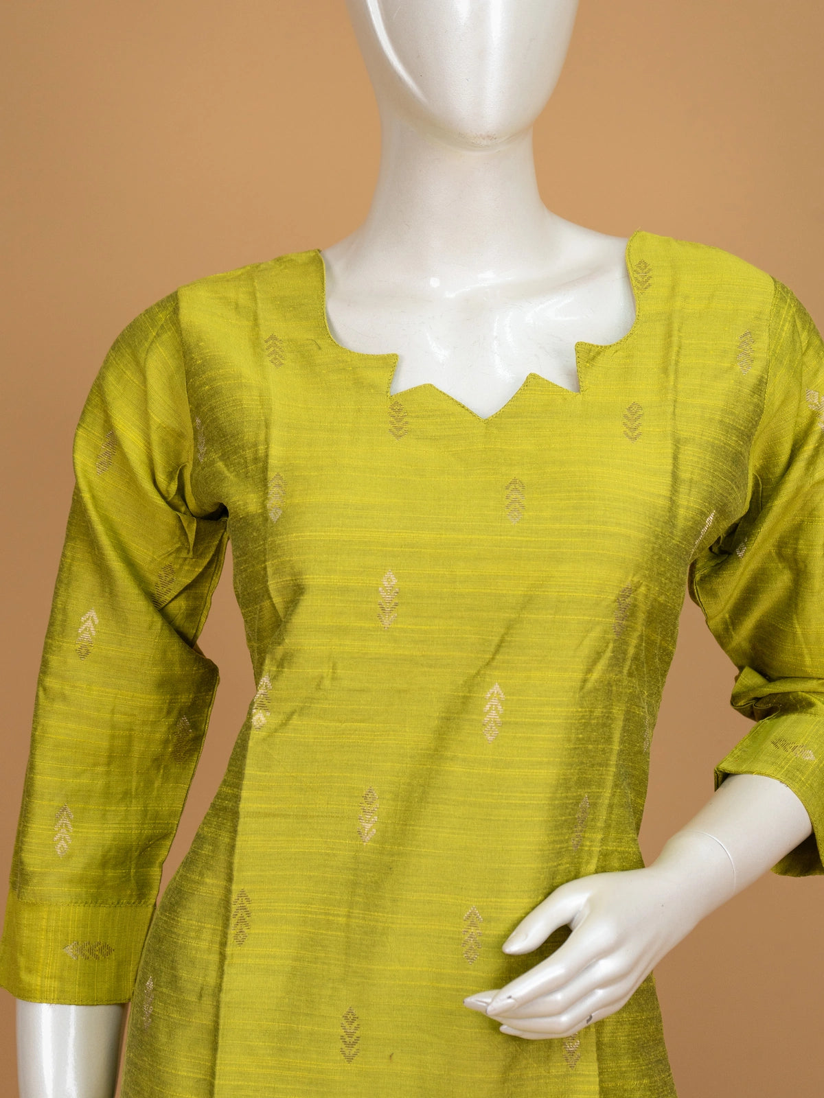 Lime green silk blend straight cut kurti set with zari butis and teal blue dupatta