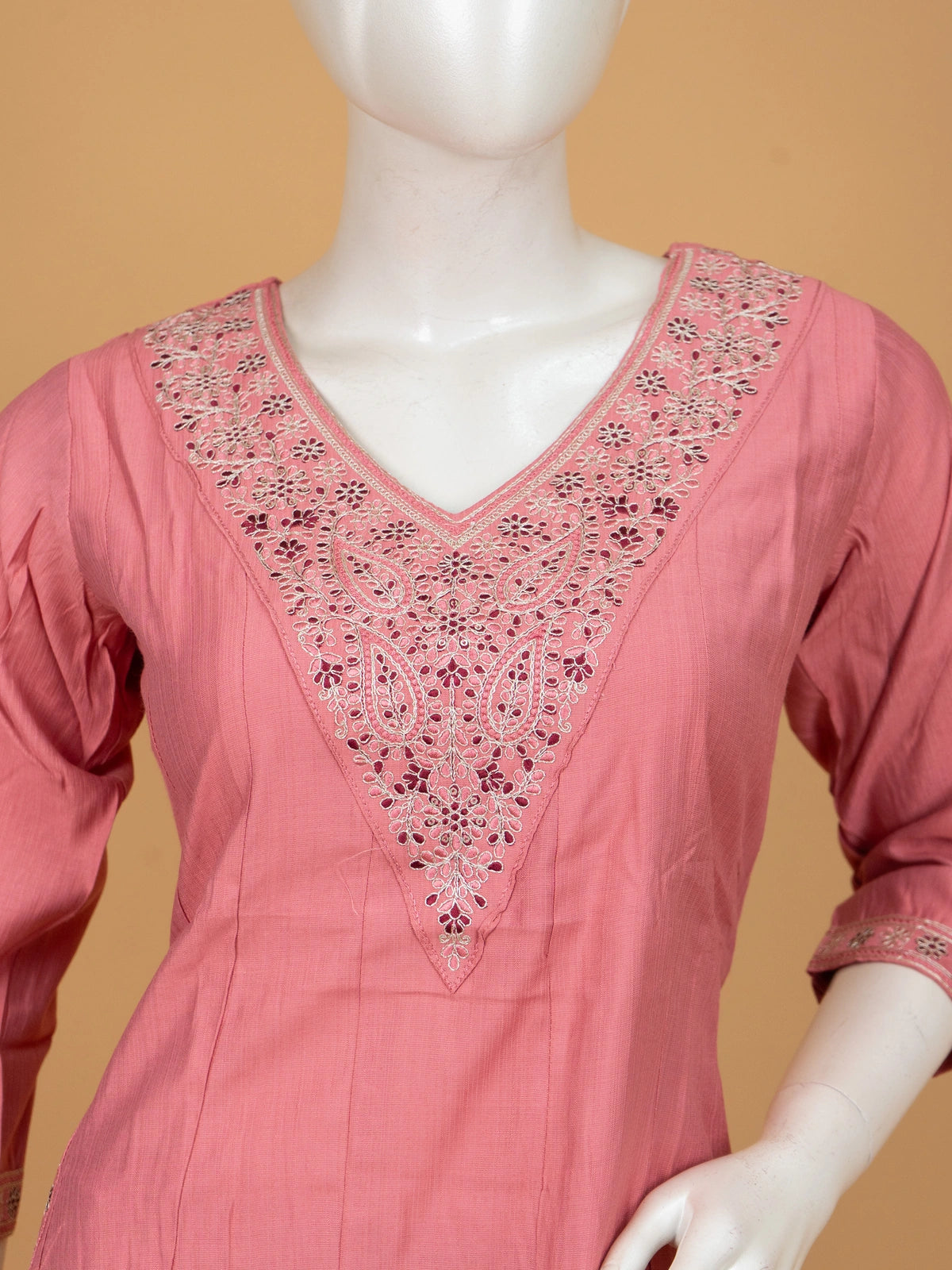 Rose Pink cotton embroidered A-Line kurti set with maroon contrast zari dupatta