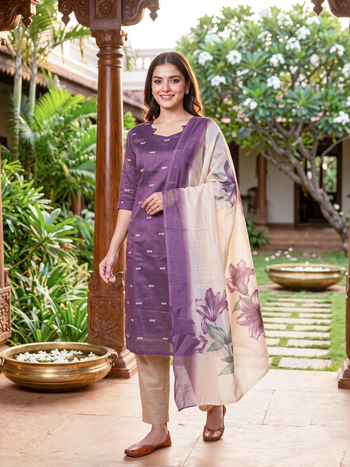 Purple with Floral Dupatta Ready Made Straight Cut Kurti Set