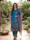 Teal Blue Kalamkaari Print Straight Cut Kurti Set with Dupatta