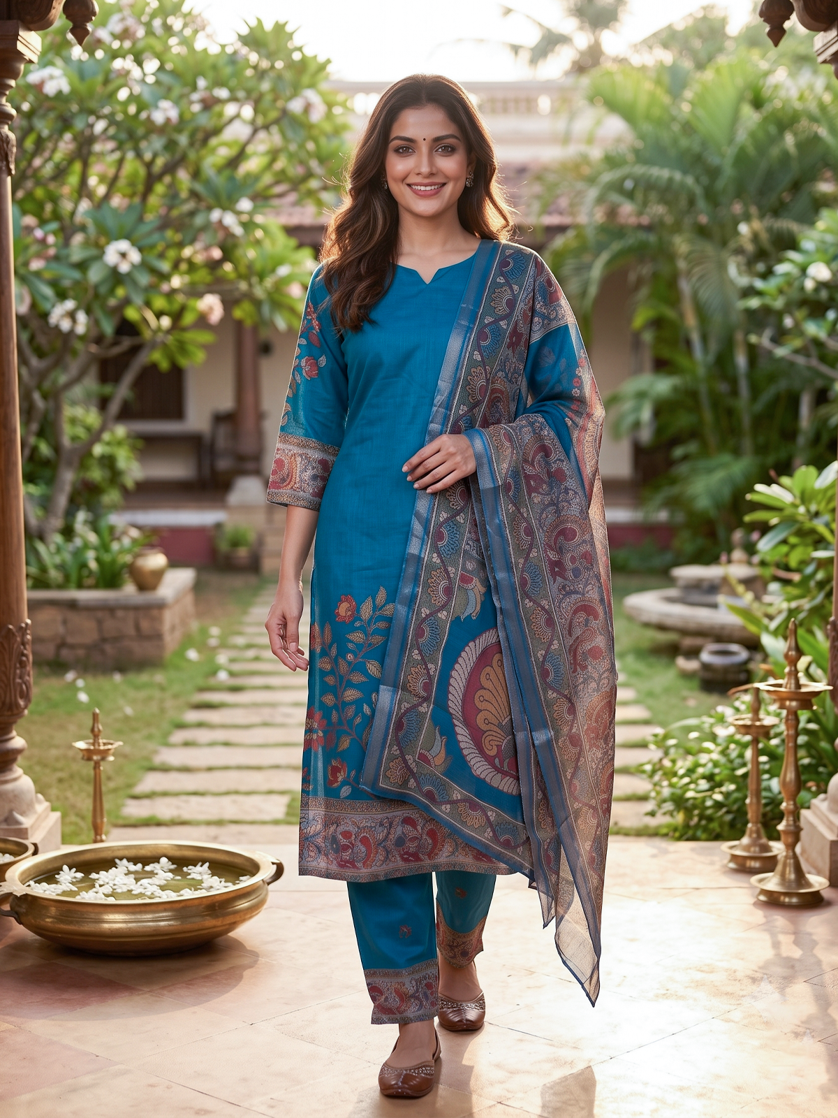 Teal Blue Kalamkaari Print Straight Cut Kurti Set with Dupatta
