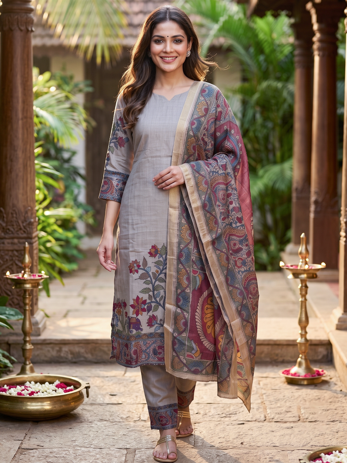 Grey Kalamkari ready made kurti set with multicolour peacock motif dupatta and straight-fit pants
