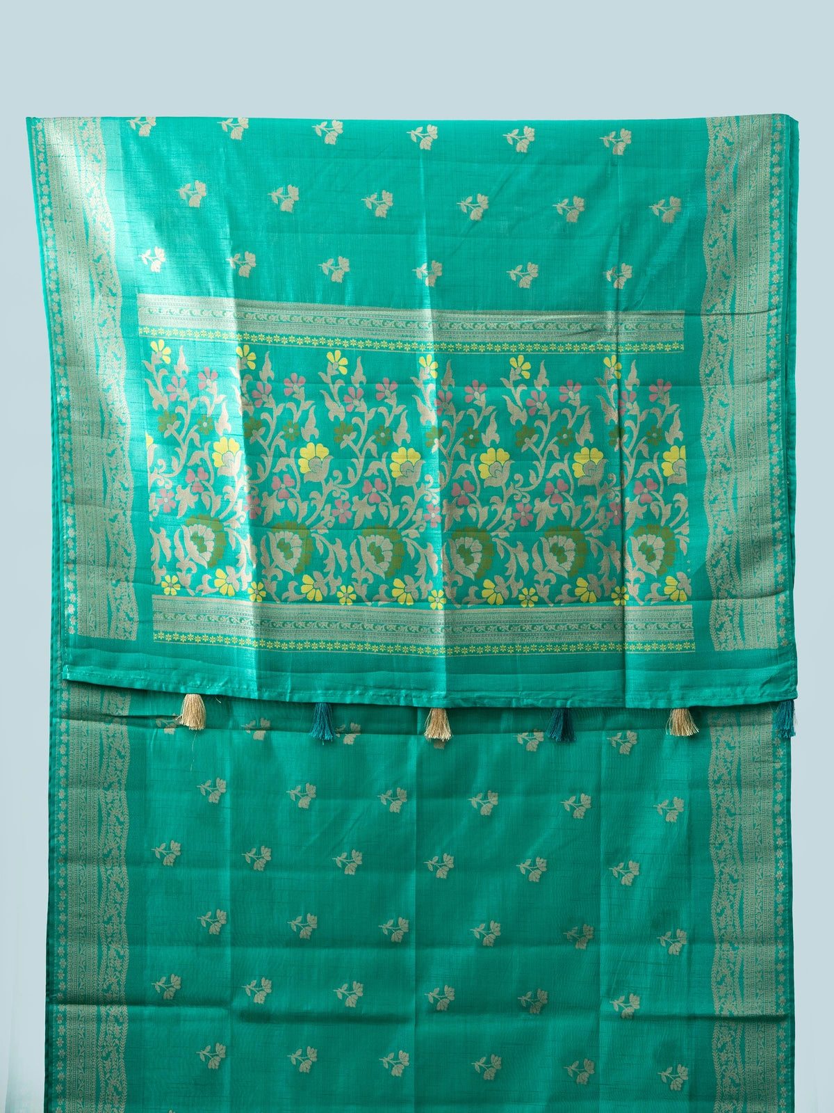 Sea green semi raw silk saree with gold zari floral buttas, contrast zari border and multicolour floral pallu