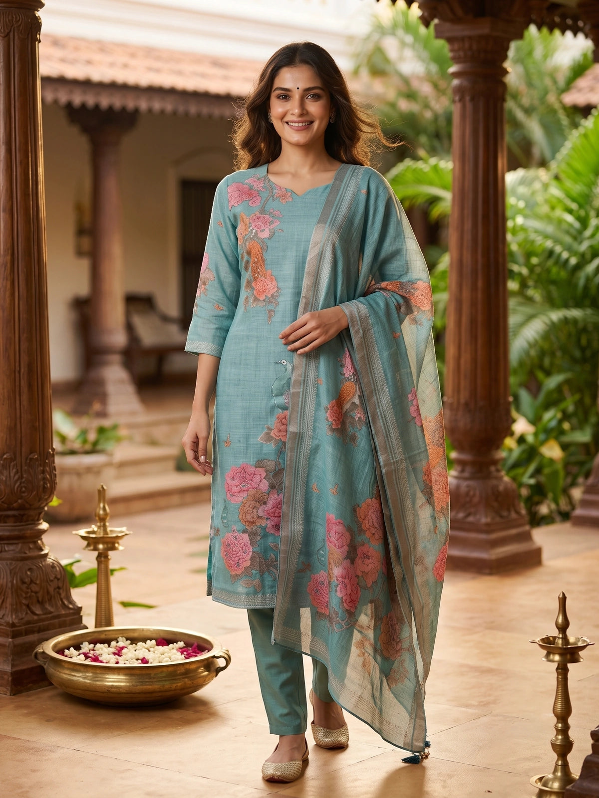 Teal Blue Floral Peacock Printed Straight Cut Kurti Set with Dupatta