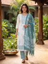 White with Teal Batik Dupatta Ready Made Straight Cut Kurti Set