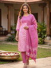 Pink Floral Cotton Straight Cut Kurti Set with Chevron Dupatta