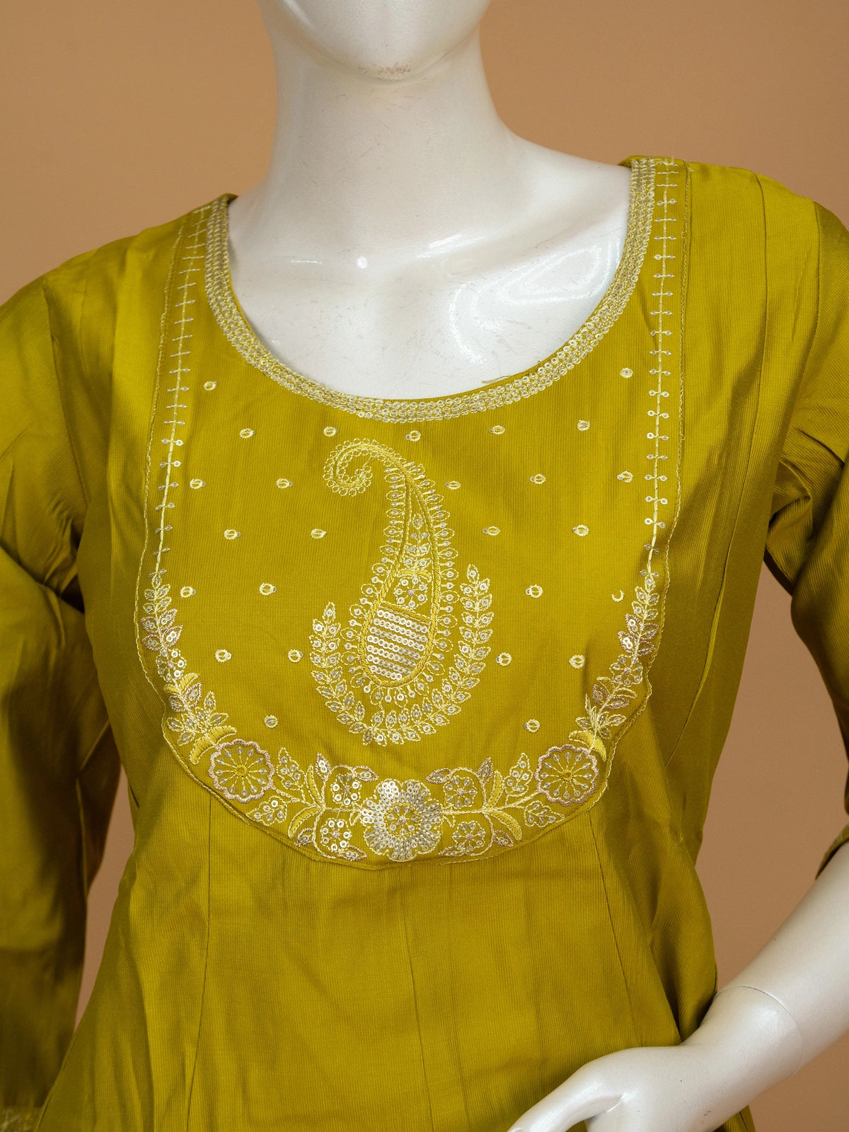 Mehndi green embroidered cotton silk A-line kurti set with cream printed dupatta and straight pants