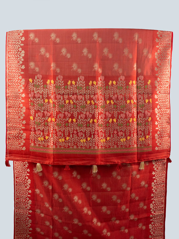 Red semi raw silk saree with gold zari butas, leaf-vine border and multicoloured floral pallu