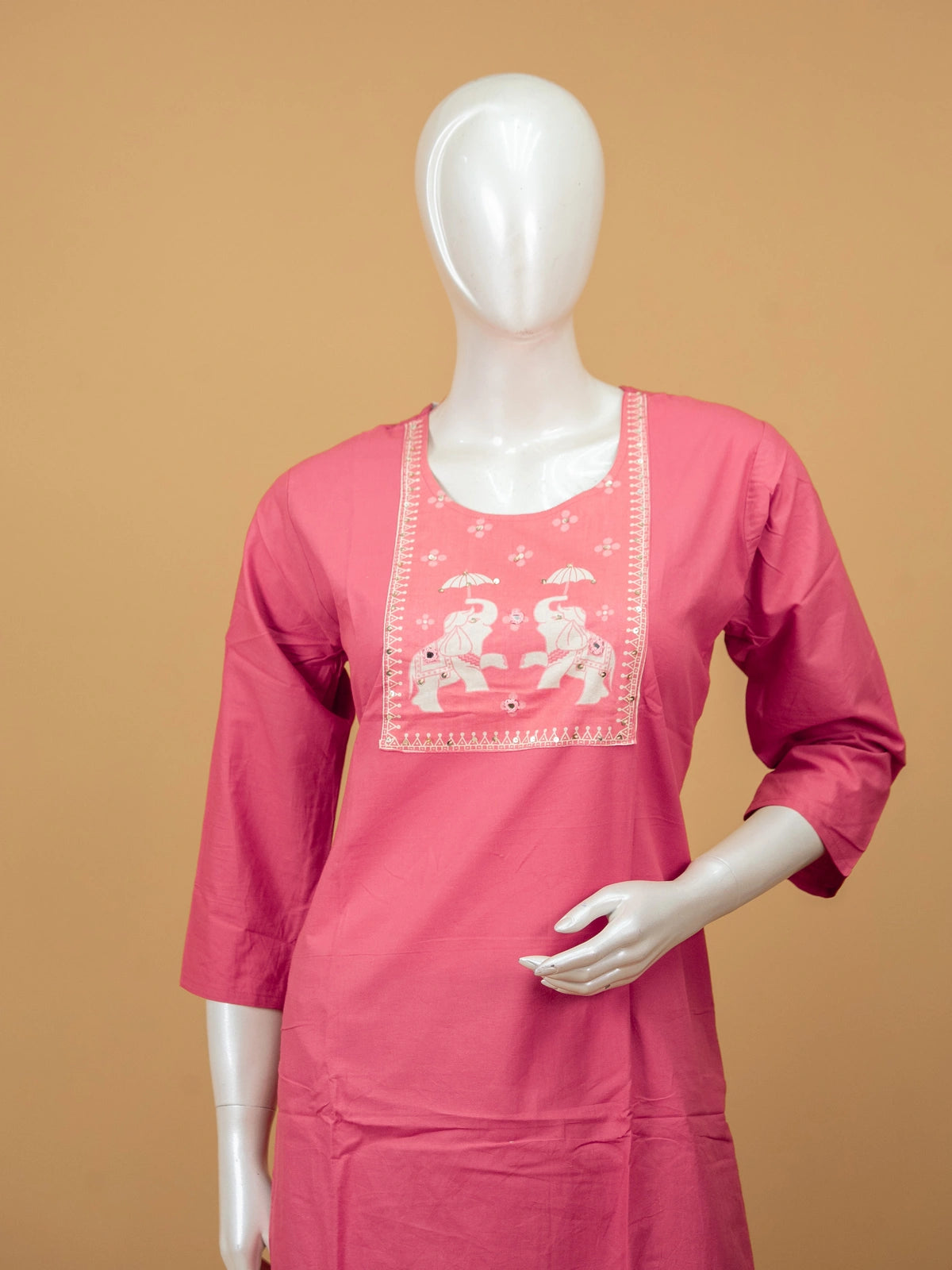 Pink cotton straight cut kurti set with elephant motif embroidered yoke and printed dupatta
