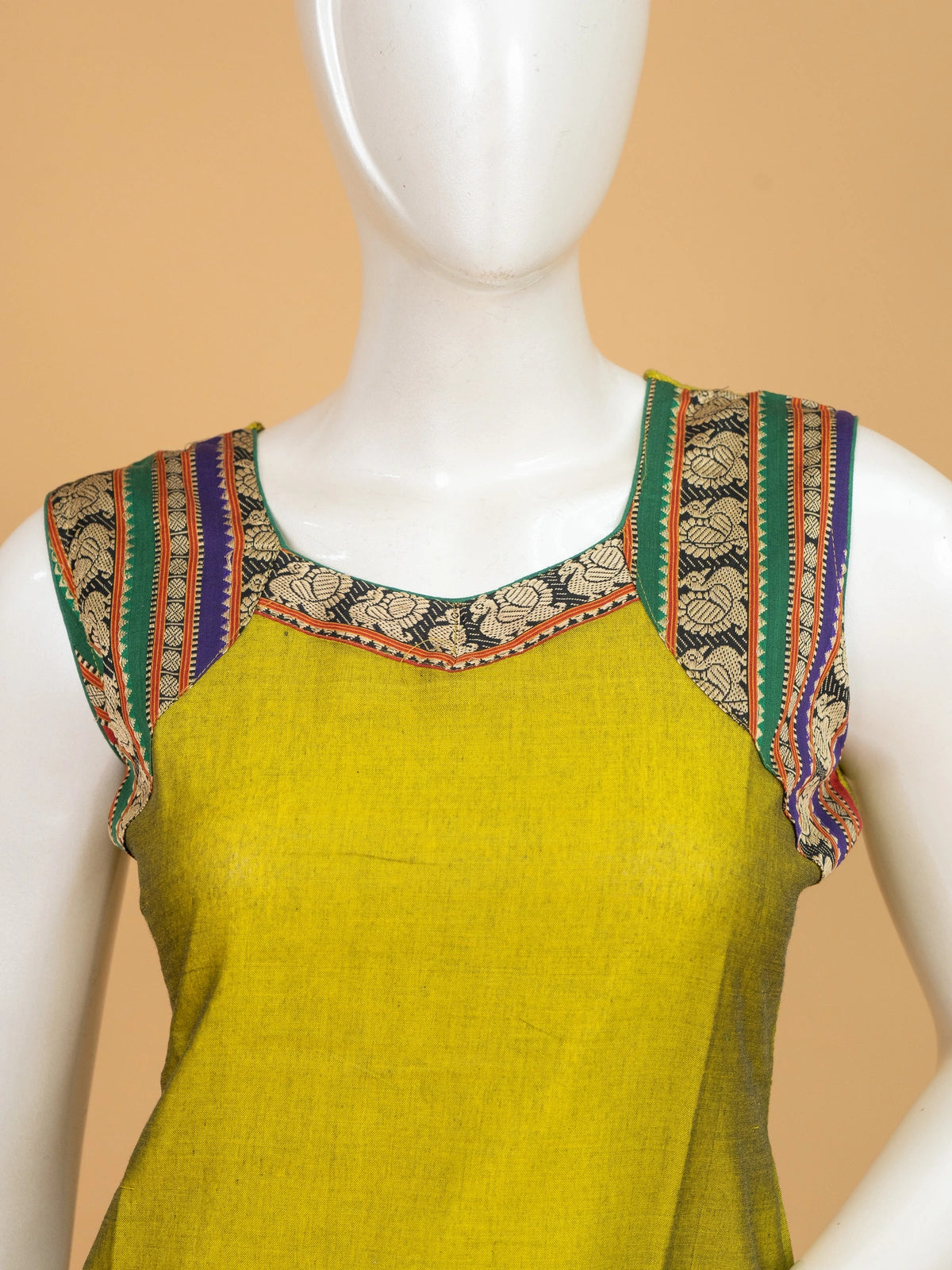 Mehndi green cotton straight cut kurti set with woven peacock border and matching dupatta