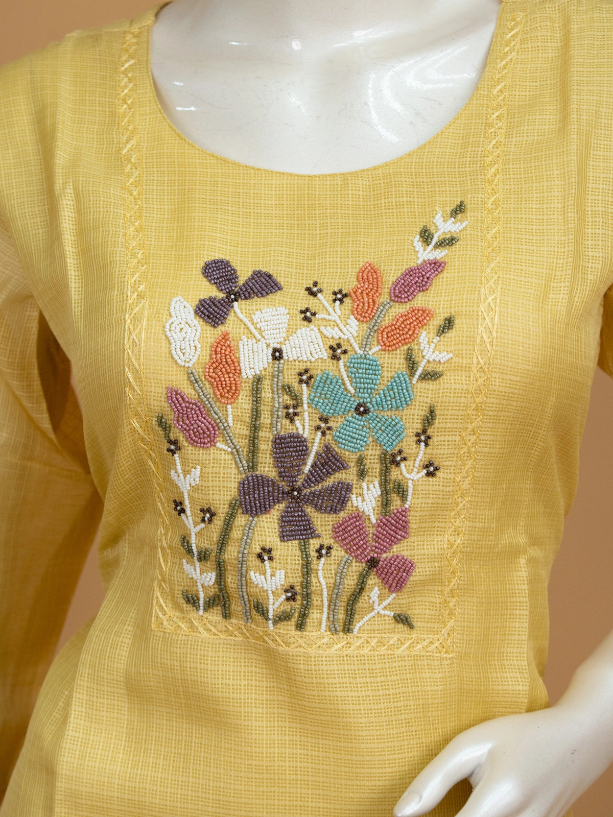 Yellow Kota Doria straight cut kurti set with multicolour beaded floral embroidery and dupatta