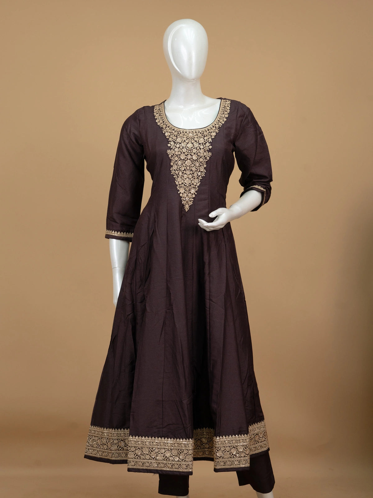 Dark Brown Zari Embroidered Anarkali Kurti Set with Maroon Bandhani Dupatta