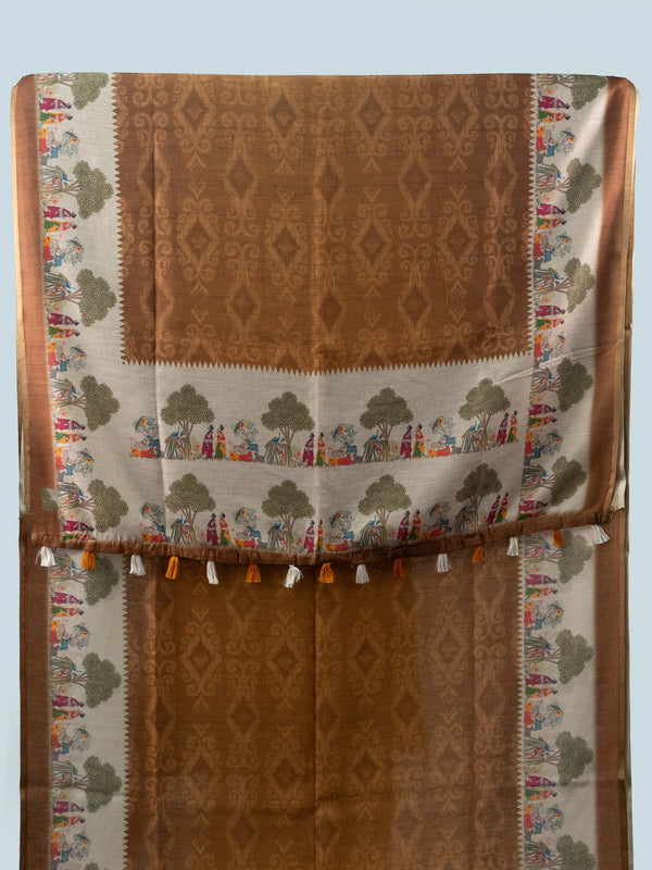Brown and cream linen cotton saree with pichwai-style printed border, ikat body and contrast black blouse