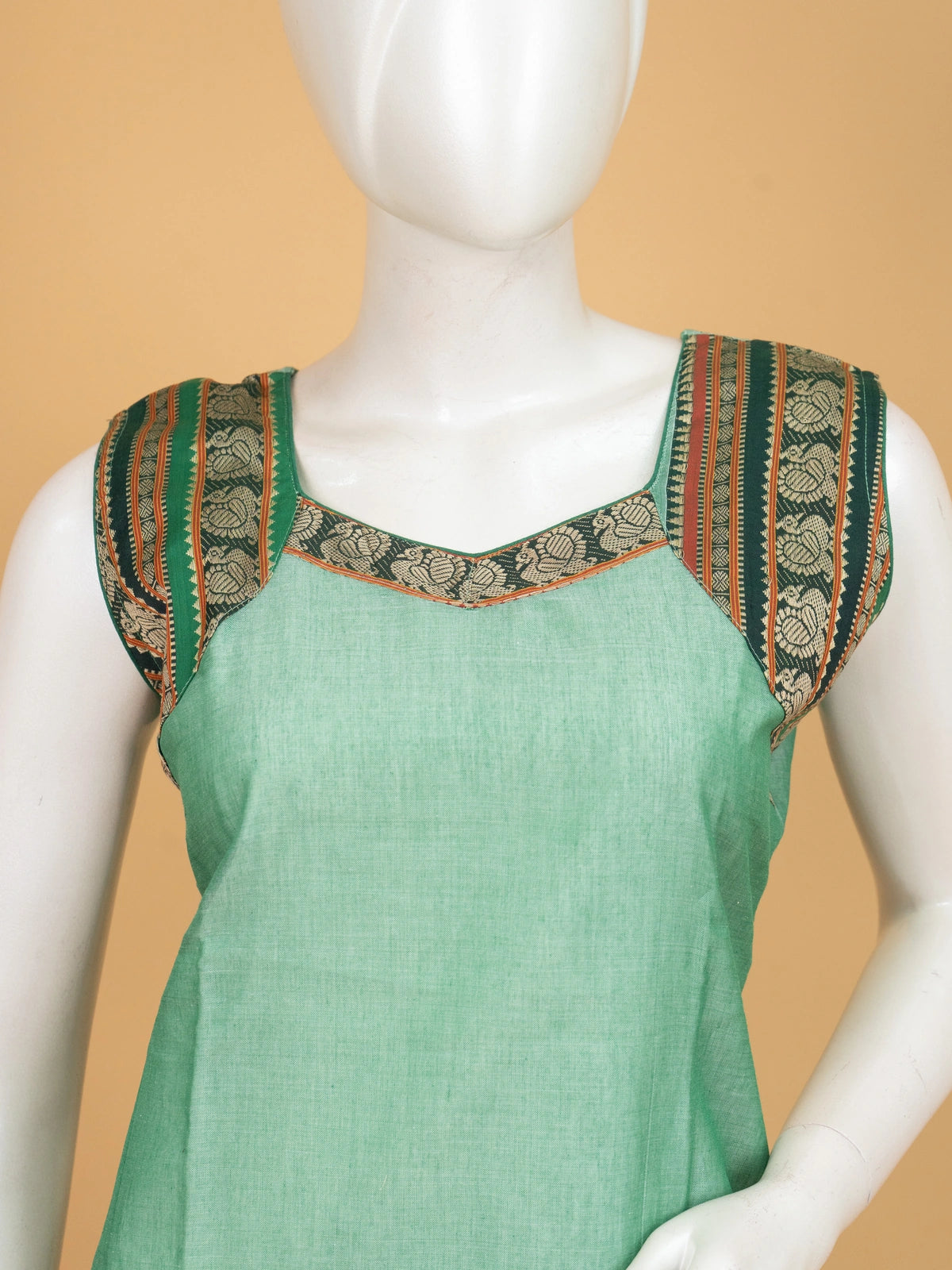 Sea Green handloom cotton straight cut kurti set with maroon peacock woven border and matching dupatta