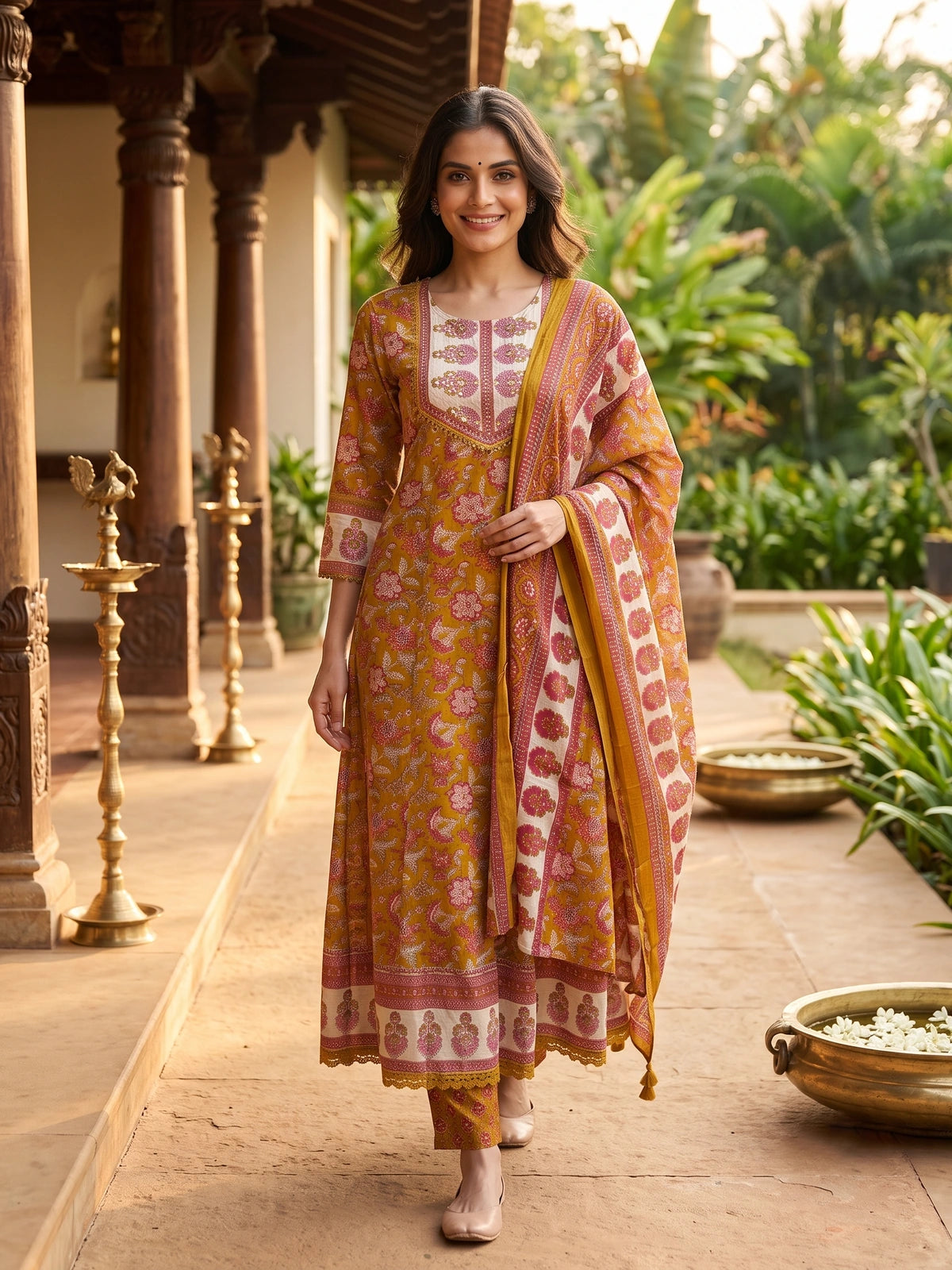 Mustard Floral Cotton Anarkali Kurti Set with Dupatta