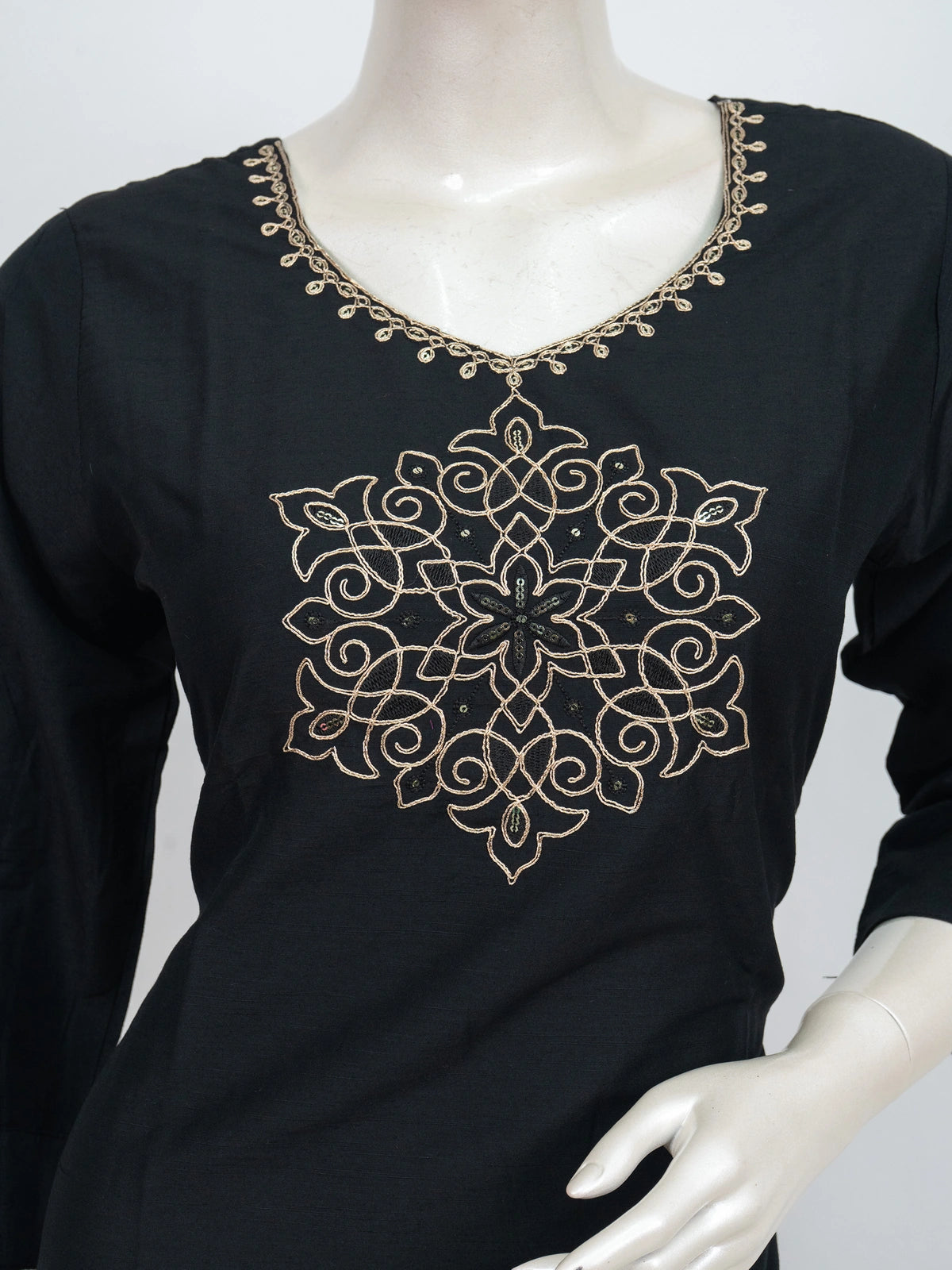 Black cotton straight cut kurti set with gold zari embroidered medallion motif and woven black-gold dupatta