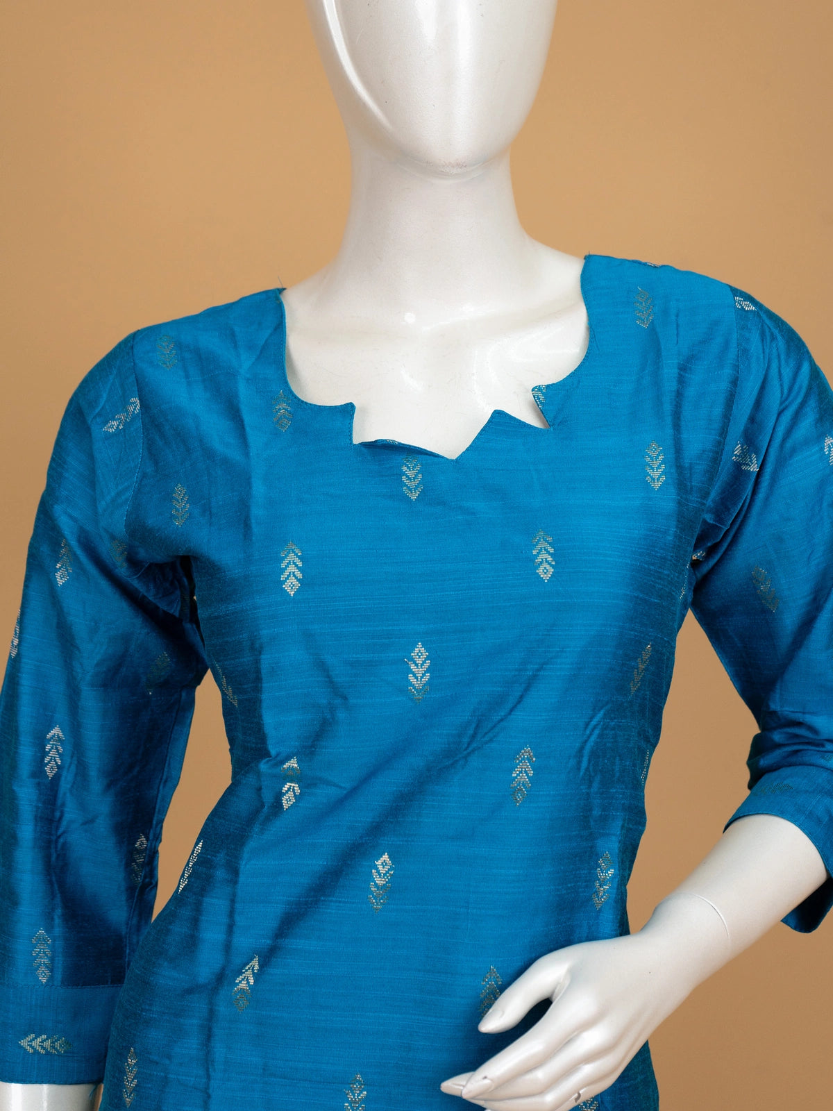 Teal Blue Art Silk zari buti straight cut kurti set with lime green pants and contrast bordered dupatta