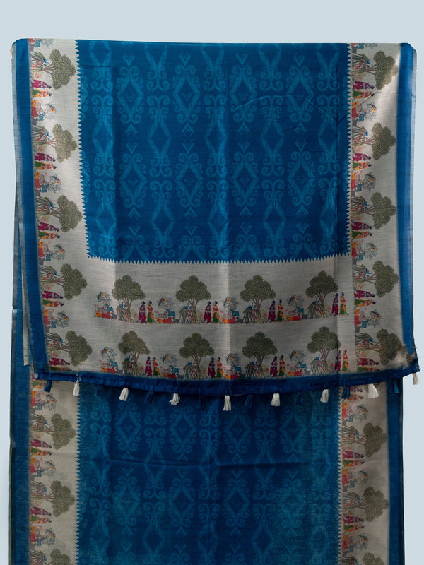 Peacock blue linen cotton saree with cream folk-art border and pallu featuring trees, figures and peacocks