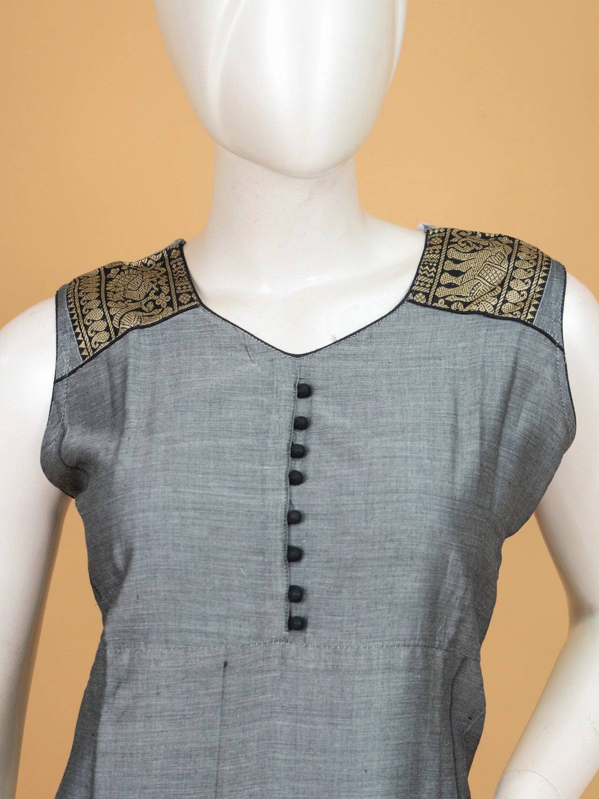 Grey cotton straight cut kurti set with black-gold woven elephant motif border and matching dupatta