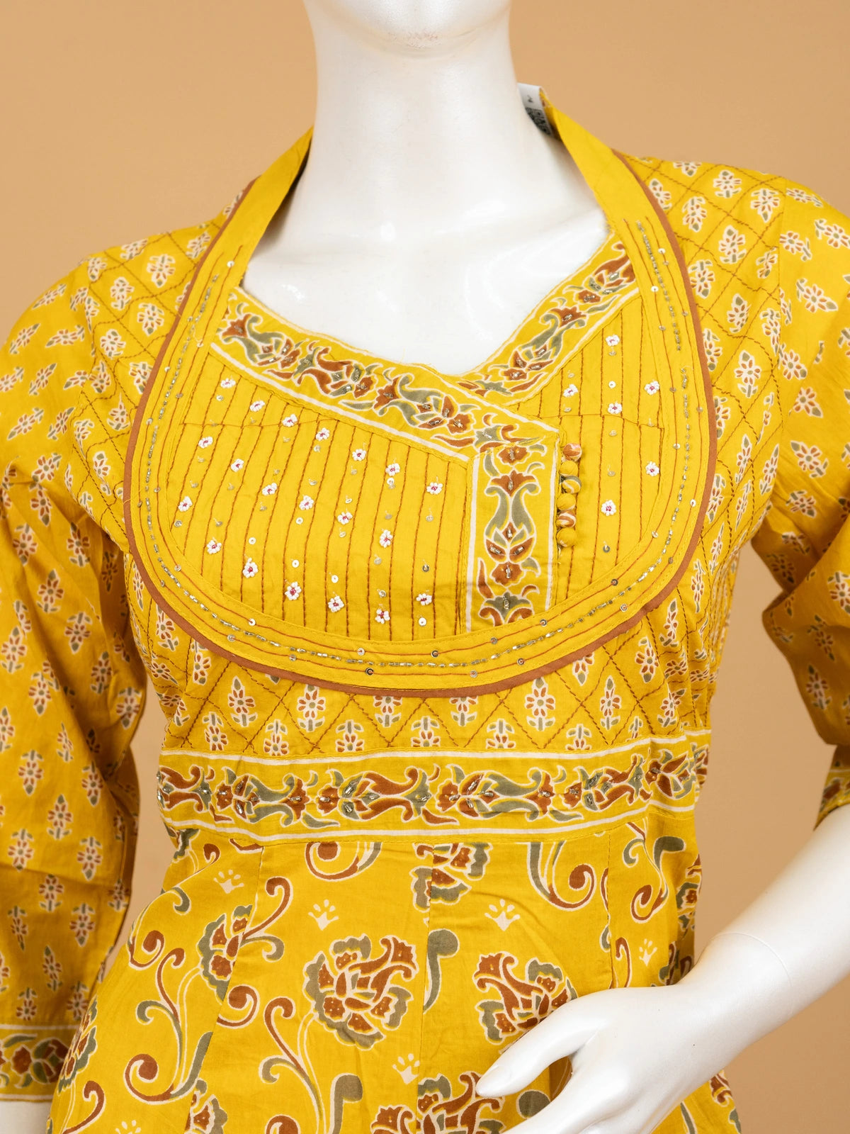 Mustard Yellow floral block print cotton Anarkali kurti set with dupatta