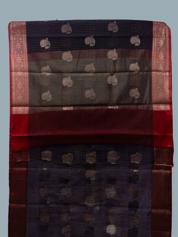 Deep purple semi raw silk saree with zari checks, gold paisley motifs and a contrast red zari border