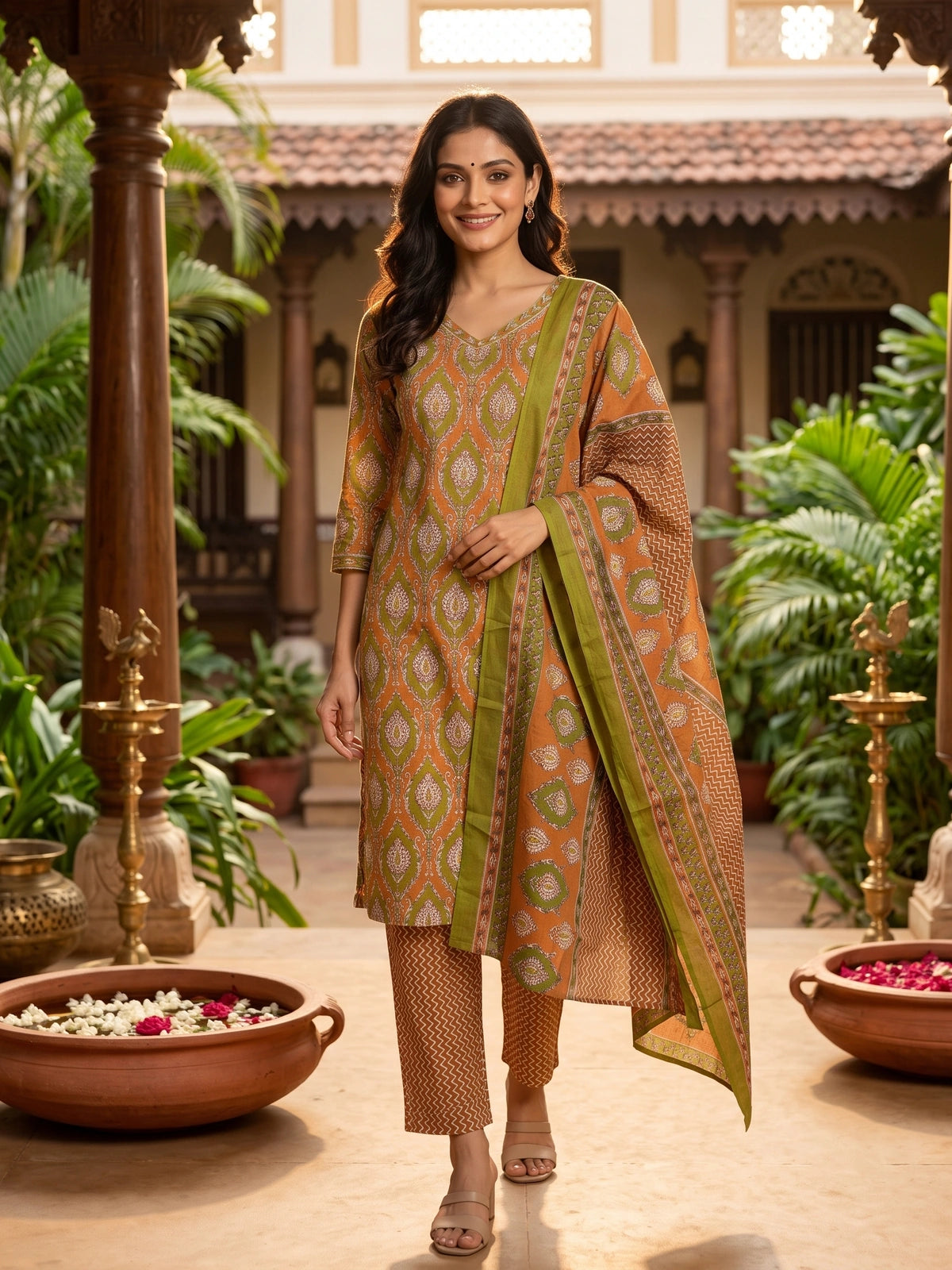 Orange and green printed cotton kurti set with straight pants and contrast green border dupatta