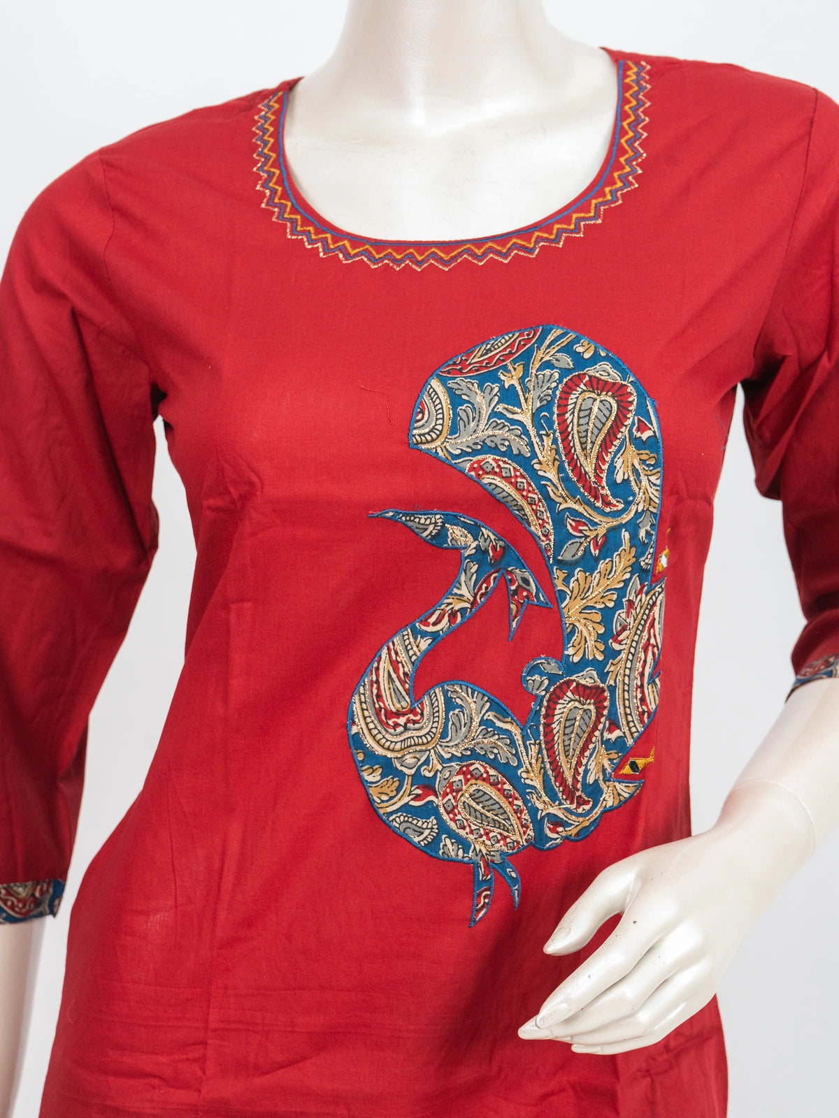 Red cotton straight cut kurti set with Kalamkari paisley applique, printed palazzo and dupatta