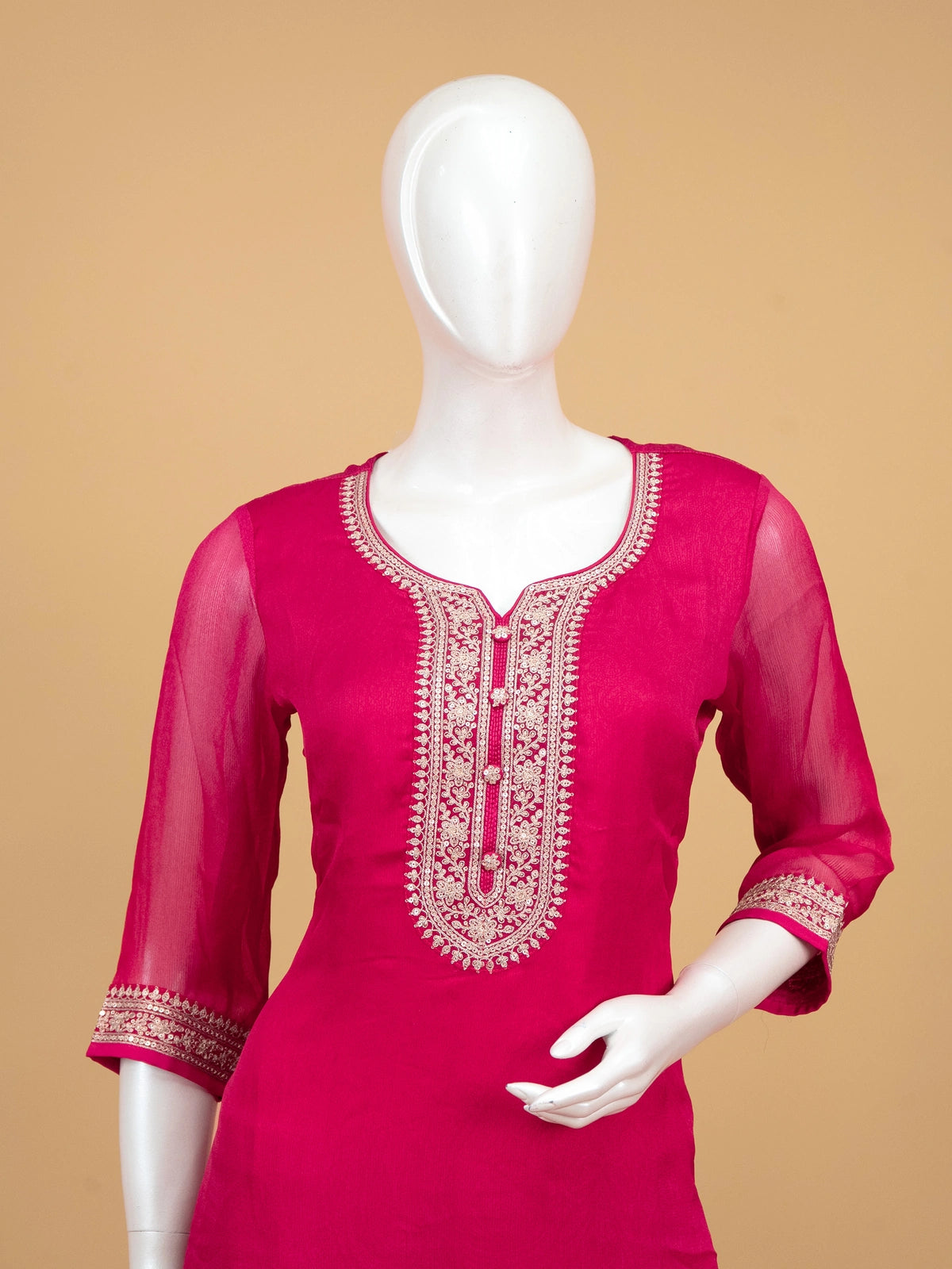 Rani Pink zari embroidered chiffon straight cut kurti set with bandhani dupatta