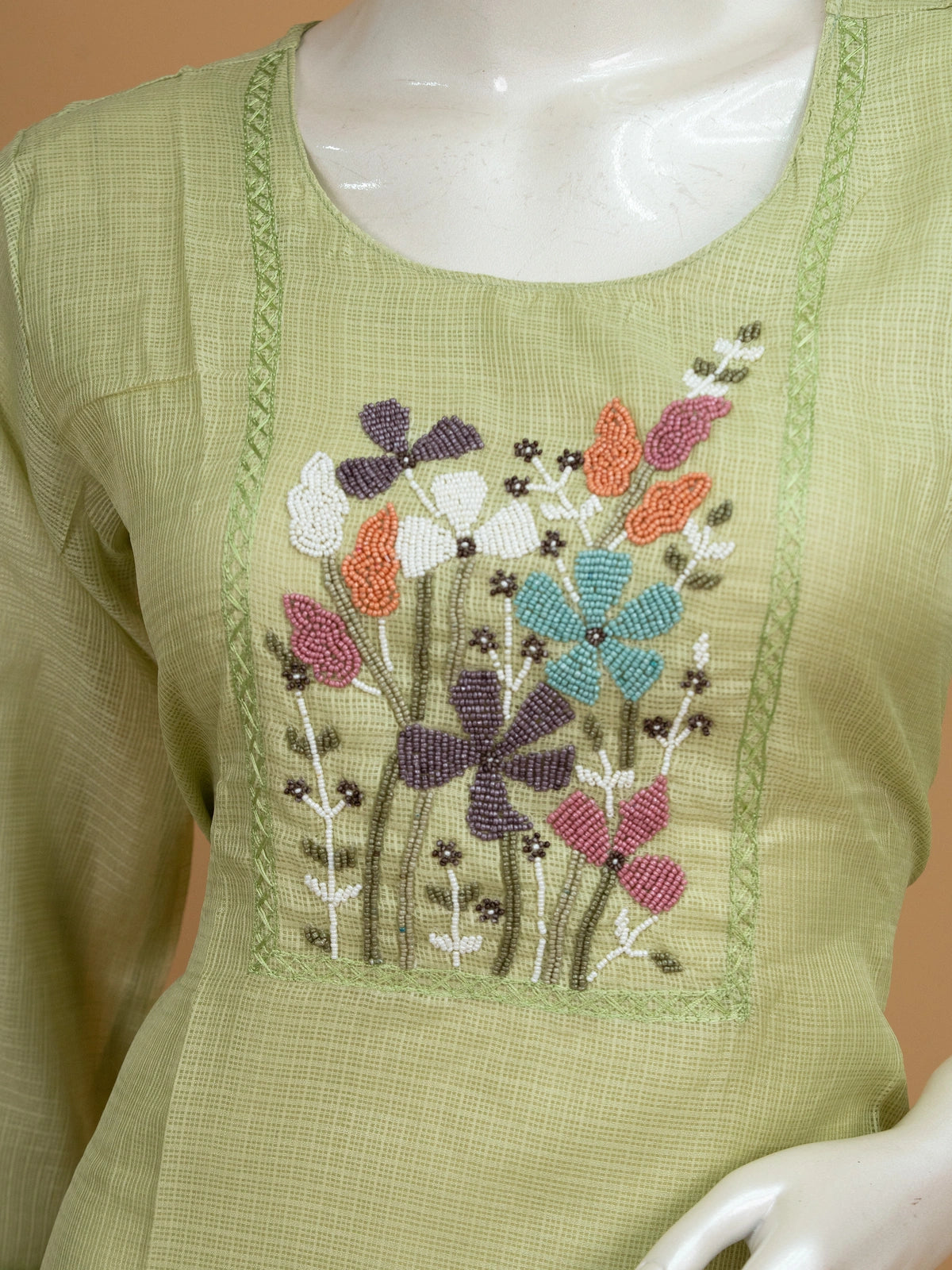 Pista green kota straight cut kurti set with multicolour floral beadwork and embroidered dupatta