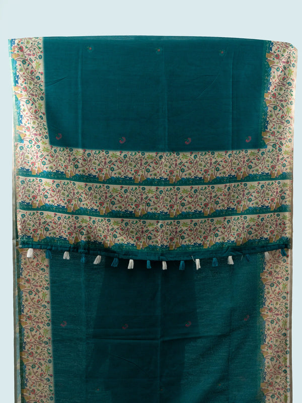 Teal green linen cotton saree with cream multicoloured floral border and black blouse