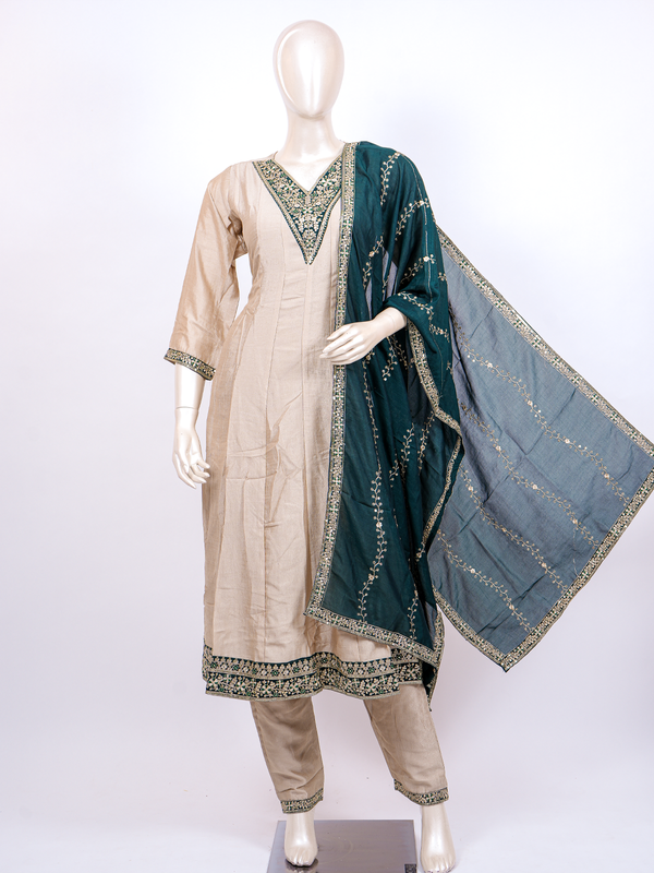 Beige embroidered silk blend kurti set with straight pants and teal green zari embroidered dupatta