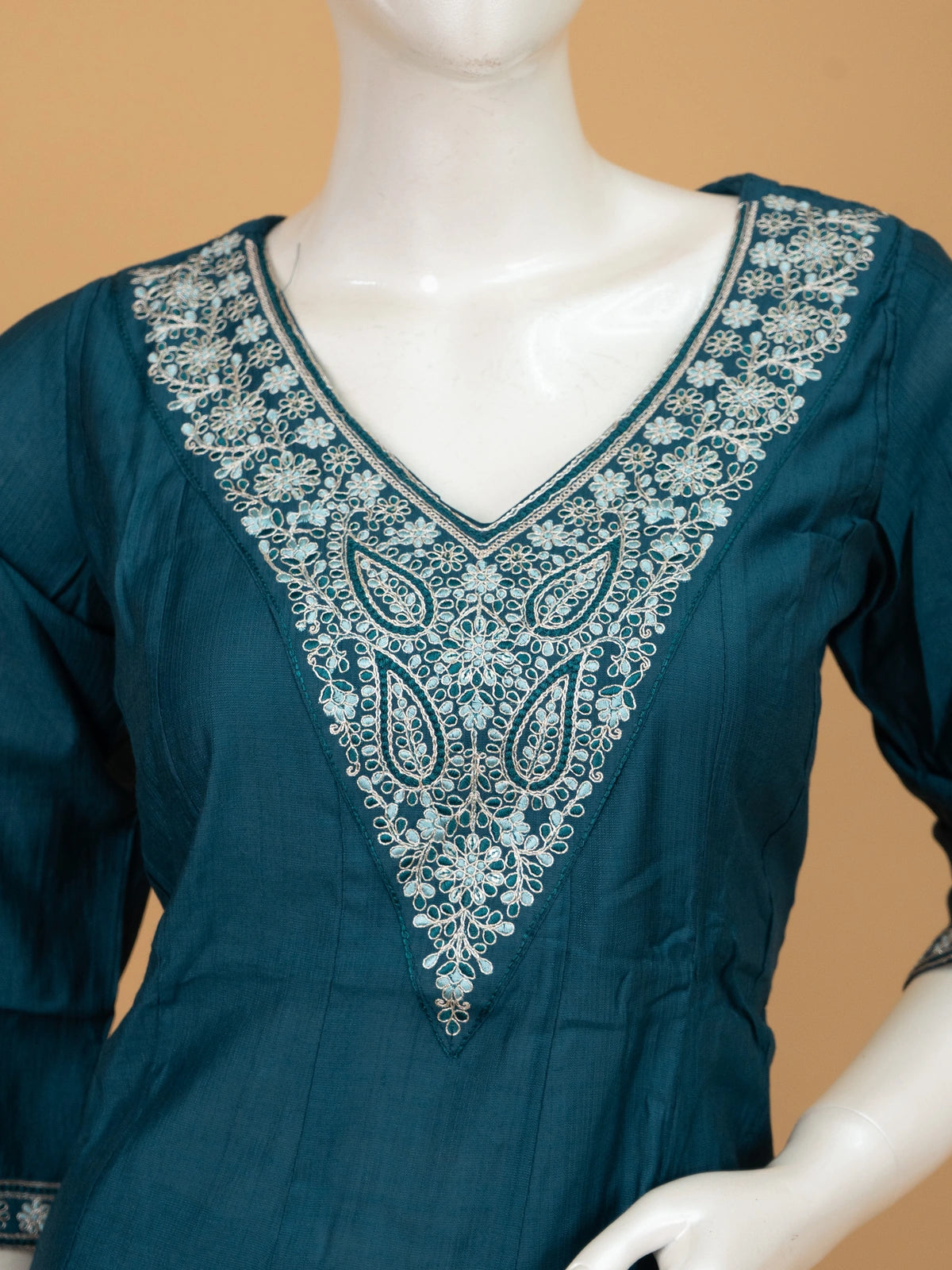 Teal cotton silk paisley embroidered A-Line kurti set with printed dupatta and matching pants