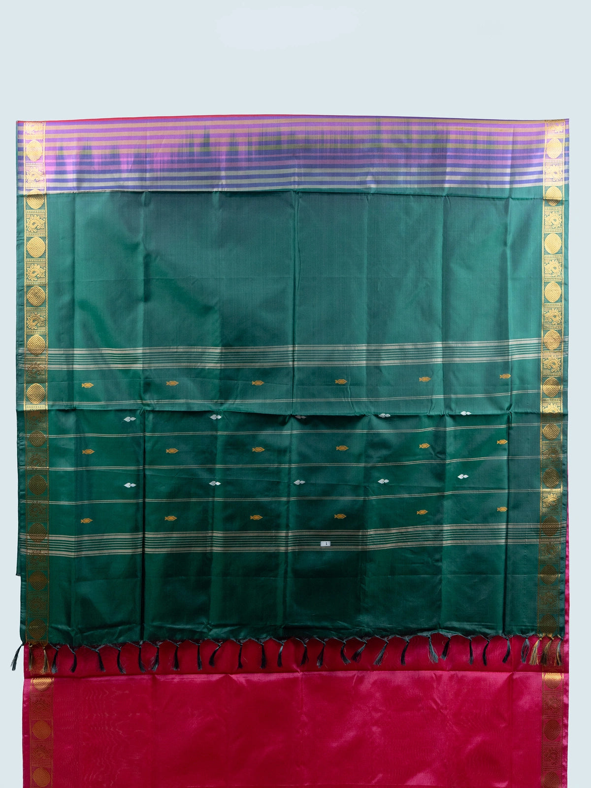 Pink Banana Silk saree with contrast green pallu and gold zari border