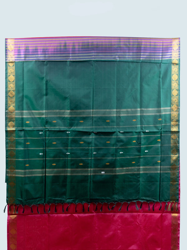 Pink Banana Silk saree with contrast green pallu and gold zari border