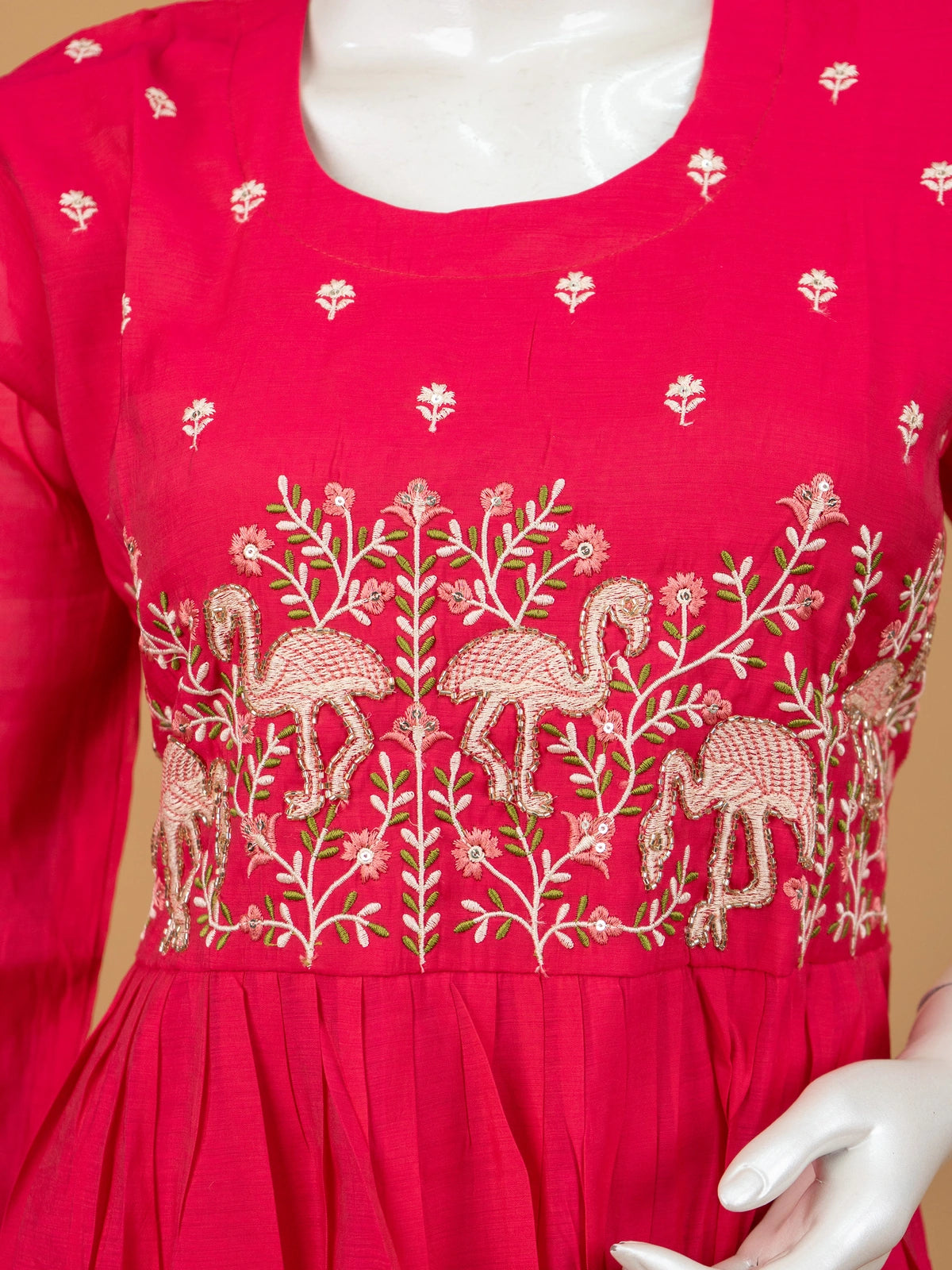Rani Pink flamingo embroidered Chanderi silk Anarkali kurti set with floral printed dupatta