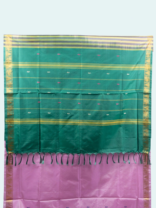 Pink and green Banana Silk saree with gold zari border, contrast pallu and black embroidered blouse