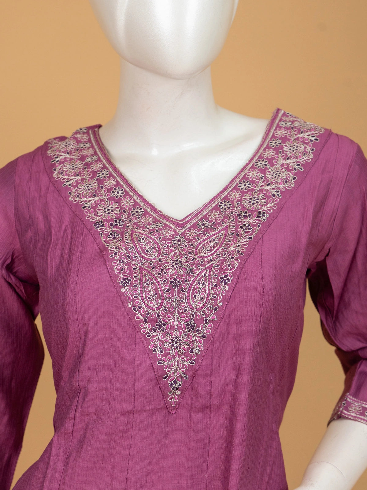 Mauve embroidered cotton silk A-line kurti set with zari paisley dupatta and straight pants