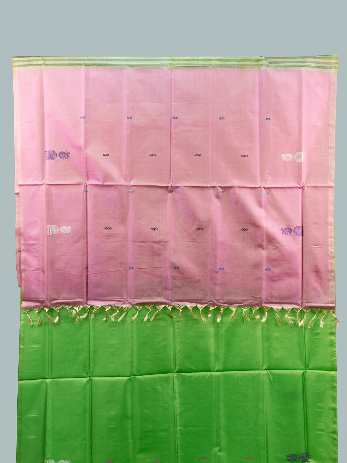 Parrot green Banana silk saree with contrast rose pink pallu and woven buttas