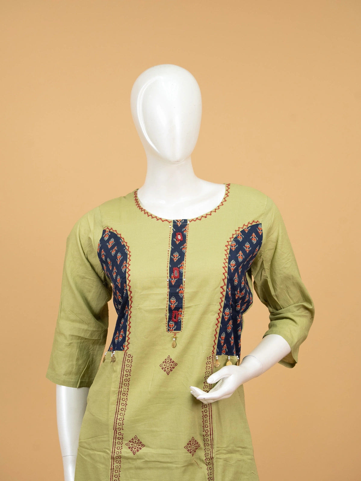 Mehendi green cotton straight cut kurti set with navy Ajrakh patchwork, kantha embroidery and printed dupatta